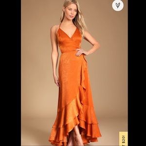 NWT Lulus In Love Forever Rust Orange Satin Lace-Up High-Low Maxi Dress
